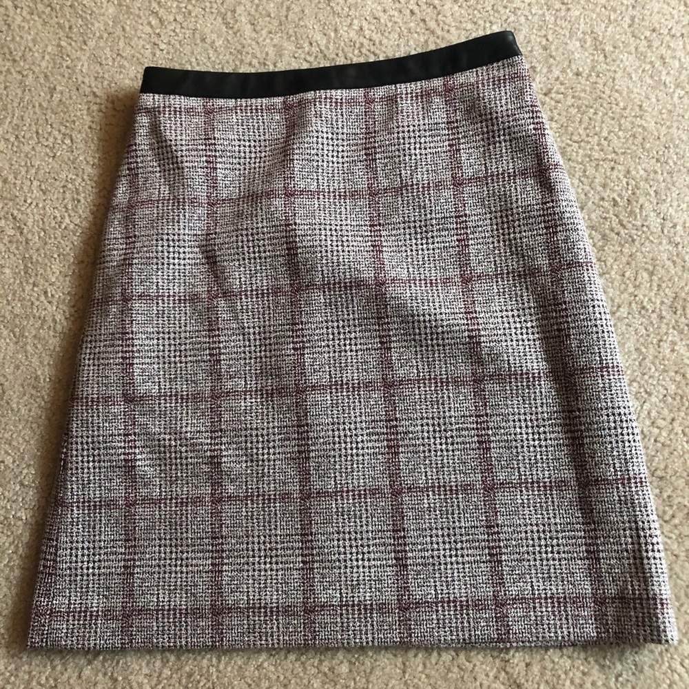 Grey and burgundy plaid leather accented skirt